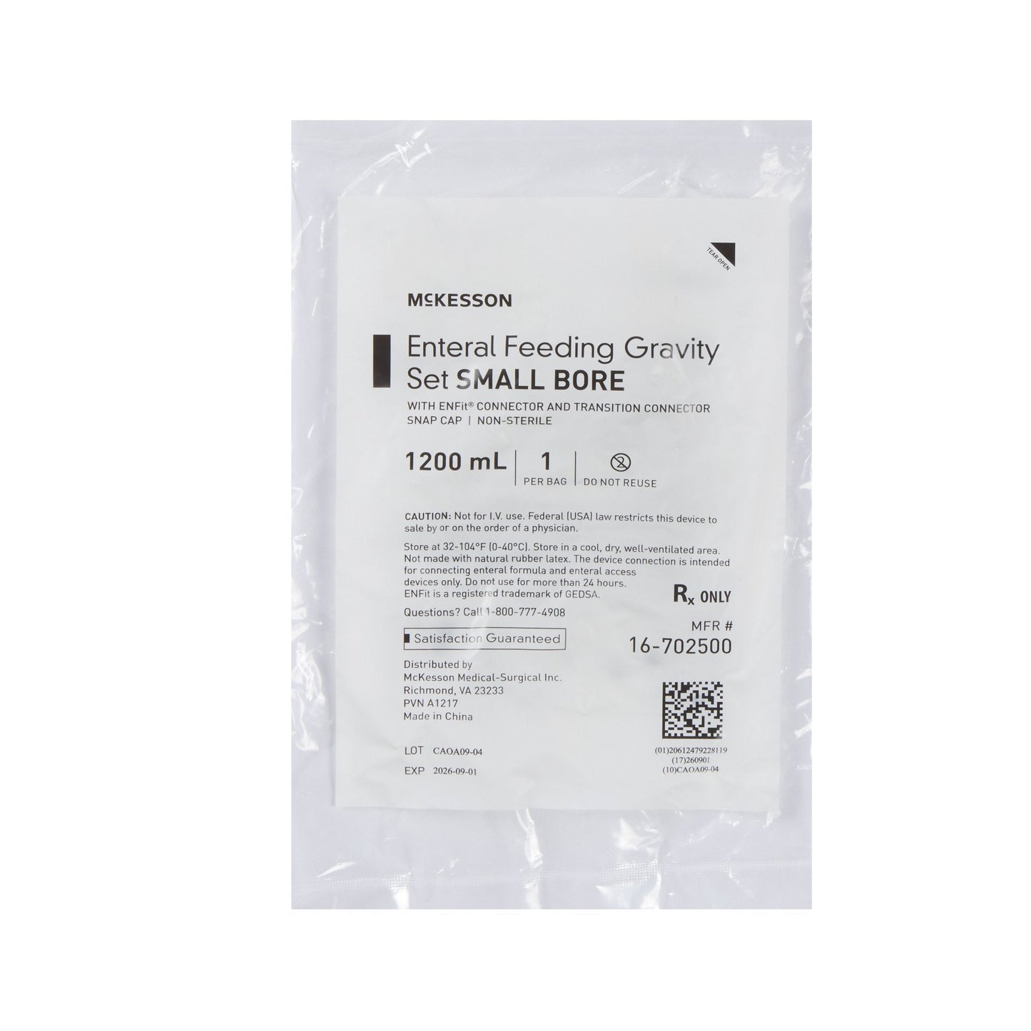 McKesson Enteral Gravity Feeding Bag Set with ENFit Connector, Small Bore