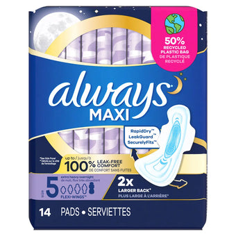 compare product Always Maxi Size 5 Extra Heavy Overnight Pads with Wings, Unscented