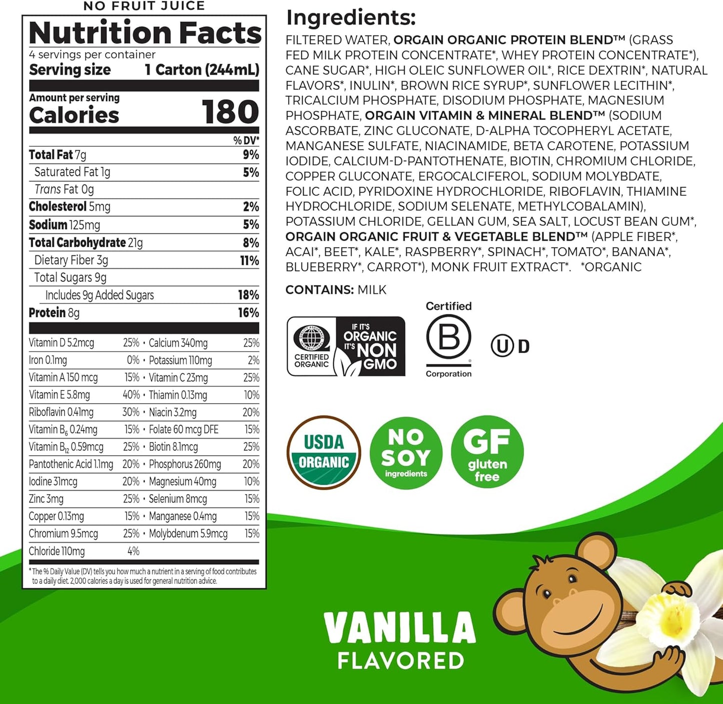 Orgain Organic Kids Nutritional Grass-Fed Protein Shake, Vanilla, Pack of 12