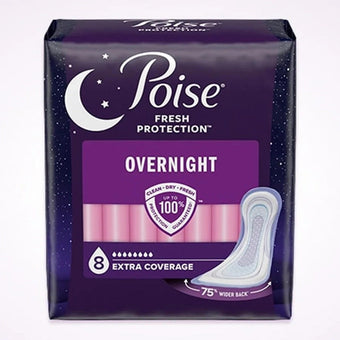 compare product Poise Overnight Incontinence Pads, 8 Drops Extra Coverage, Regular Length